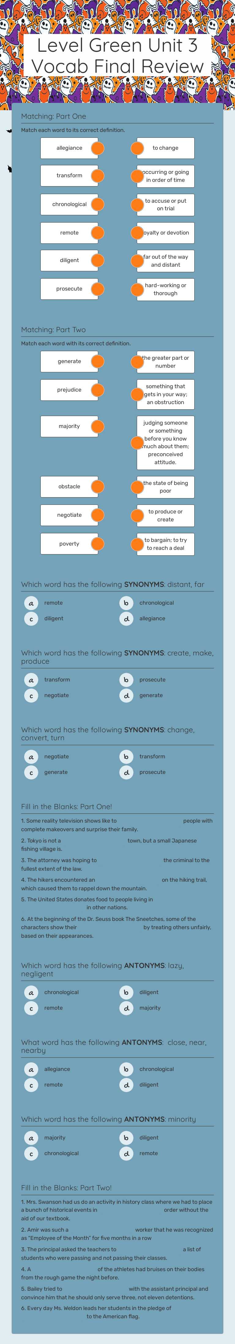 Level Green Unit 3 Vocab Final Review worksheet preview image