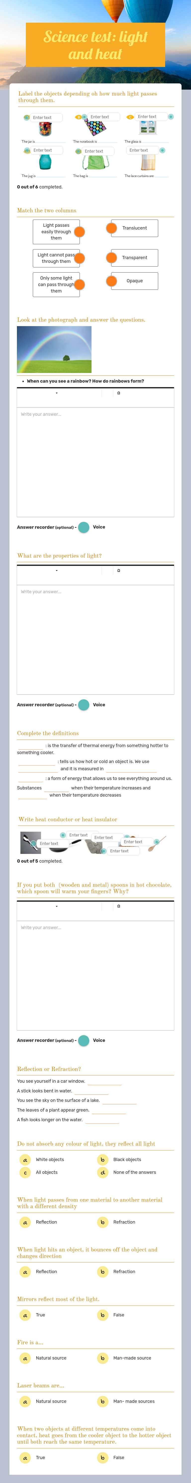 Science test: light and heat Grade 5 worksheet preview