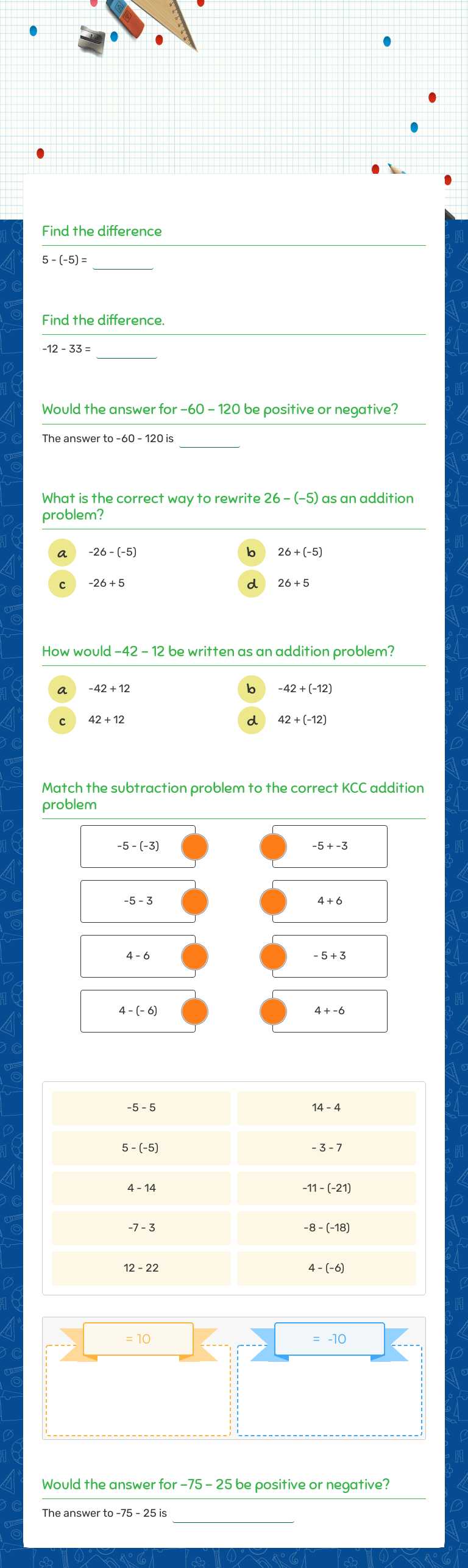 Subtracting Integers worksheet preview image