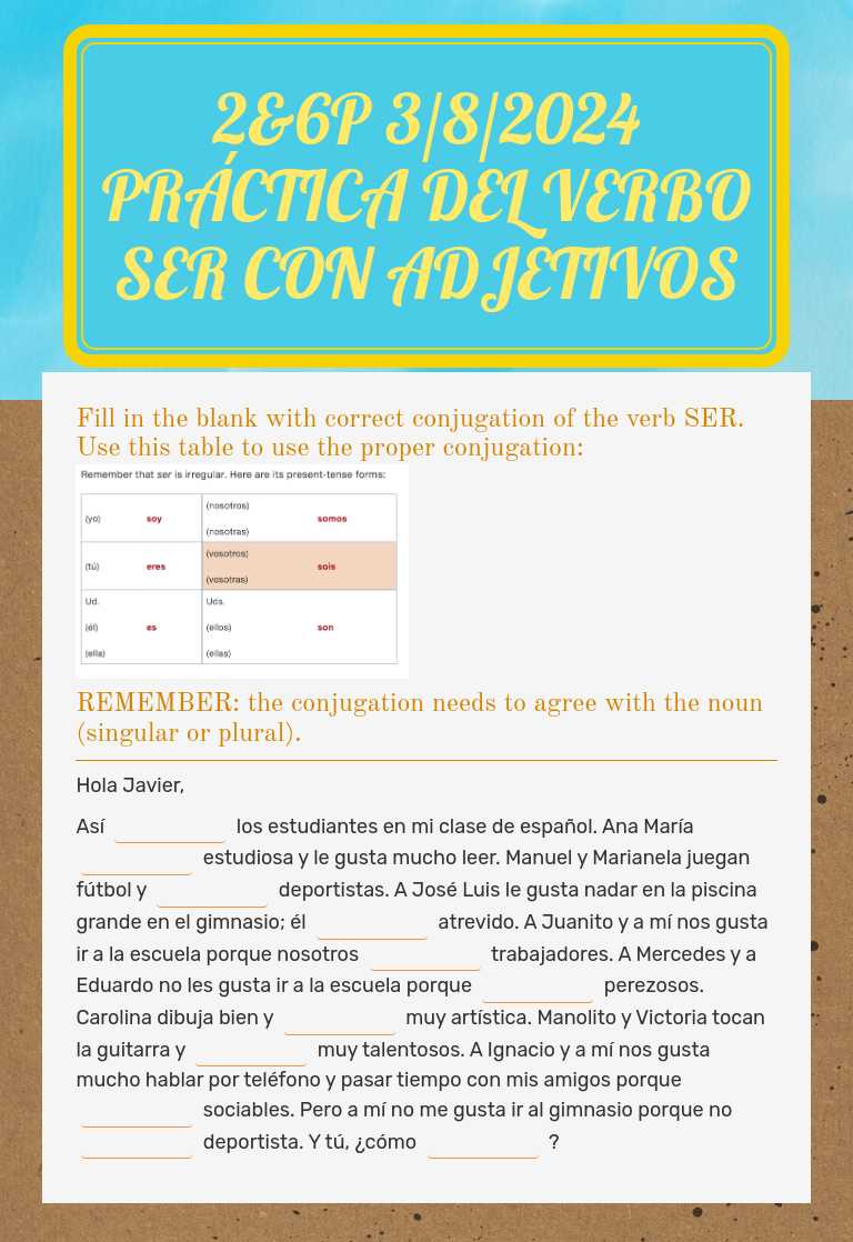 Per 2 & 6 3/26/2025 Práctica del verbo ser con adjetivos worksheet preview image