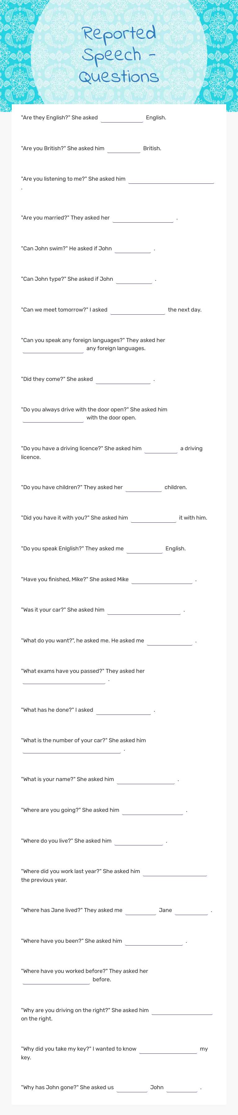Reported Speech - Questions Grade 11 worksheet preview