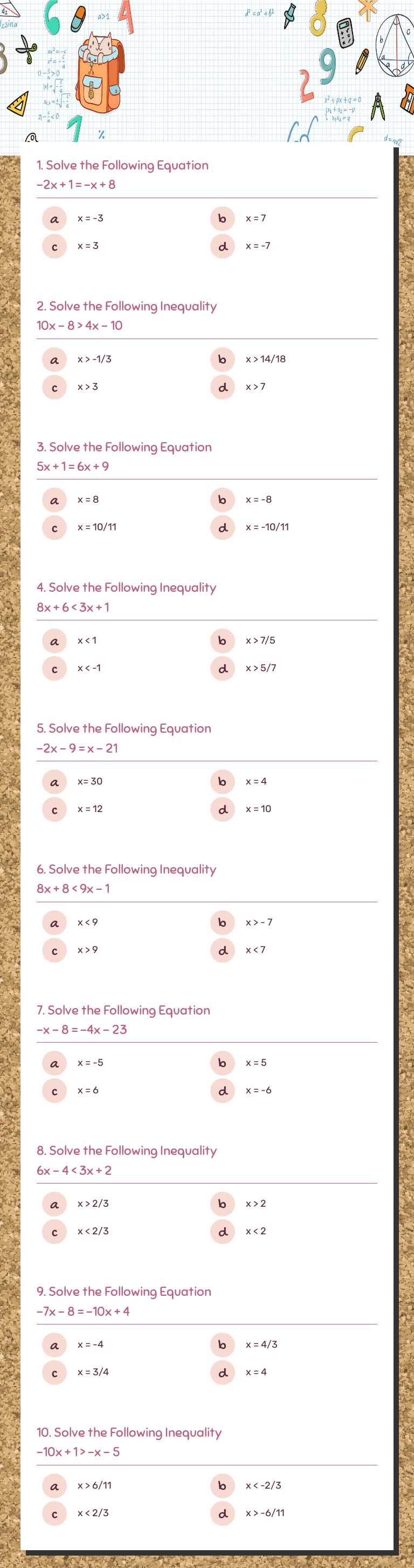 Solving Equations and Inequalities Review Grade 10 worksheet preview