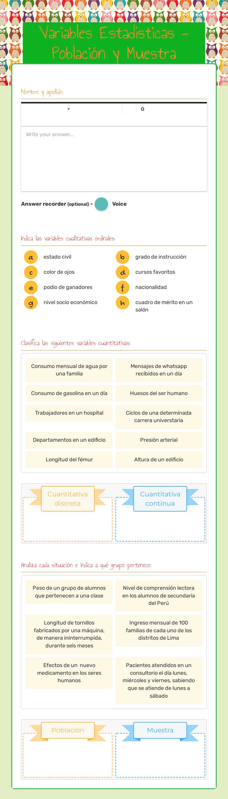 Variables Estadísticas - Población y Muestra worksheet preview