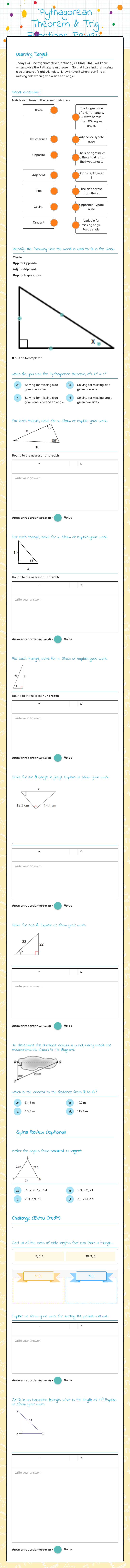 Pythagorean Theorem & Trig Functions Review worksheet preview image