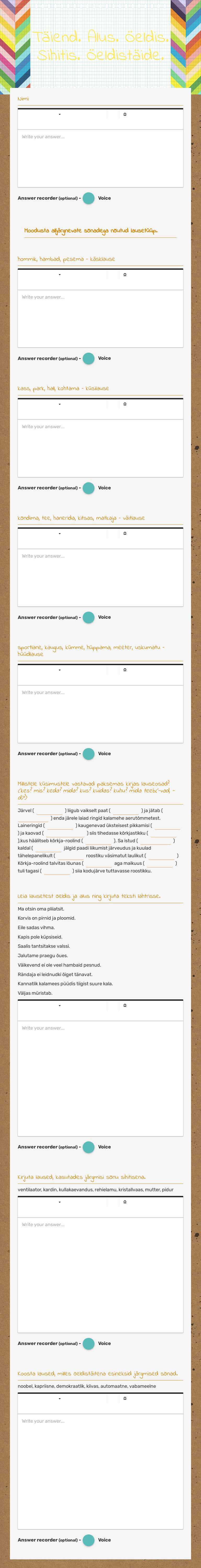 Täiend. Alus. Öeldis. Sihitis. Öeldistäide. worksheet preview image