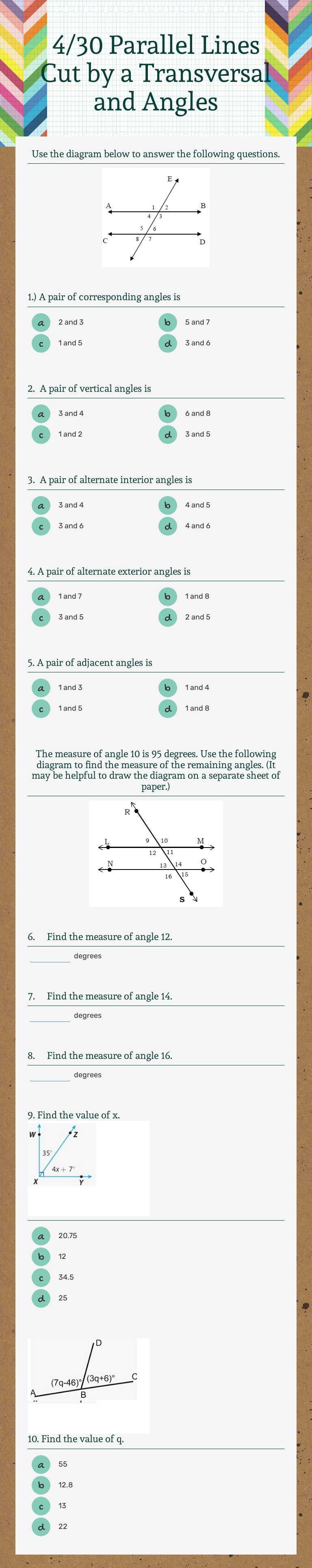 4/30 Parallel Lines Cut by a Transversal and  Angles Grade 8 worksheet preview