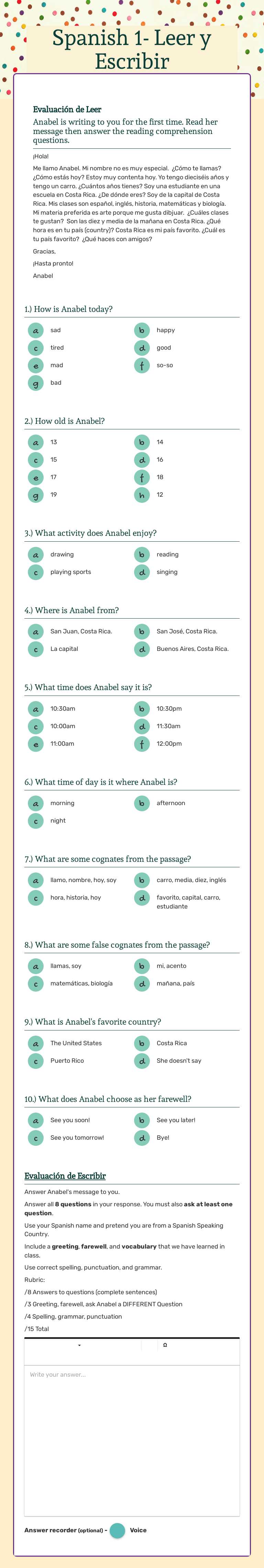 Spanish 1- Leer y Escribir Grade 10 worksheet preview