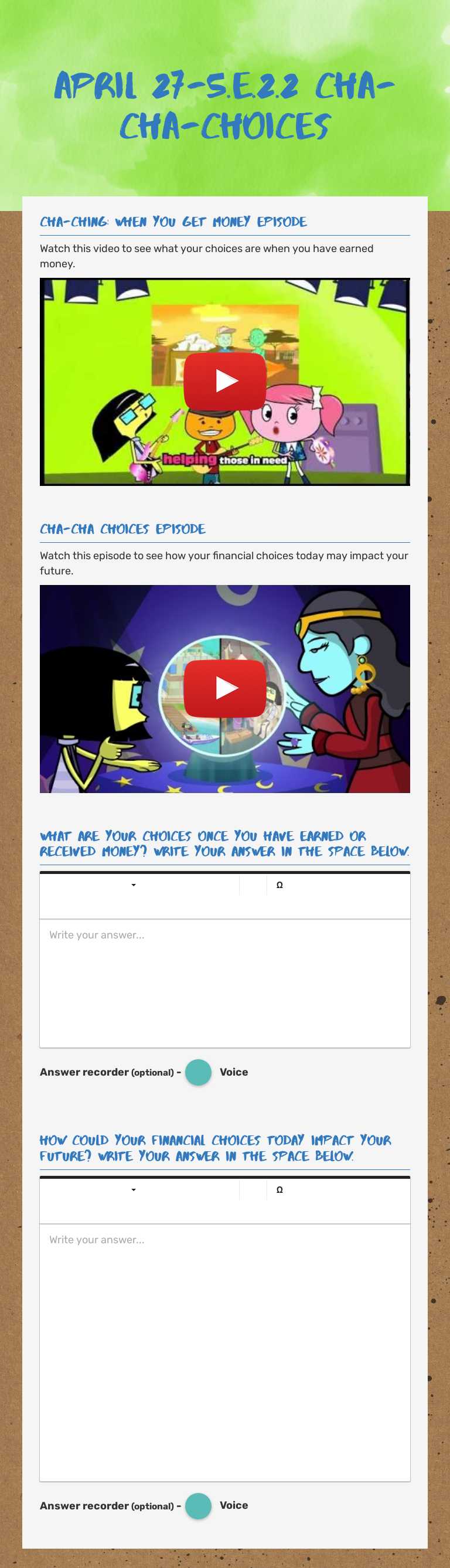 April 27-5.E.2.2 Cha-Cha-Choices worksheet preview image