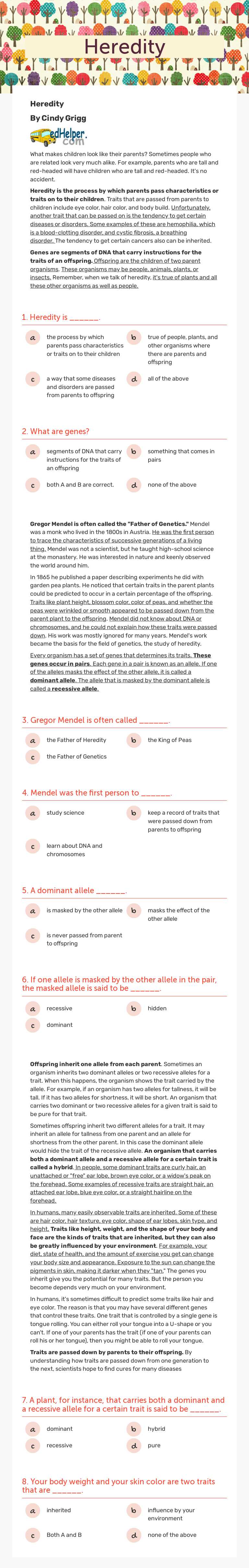 Heredity worksheet preview image