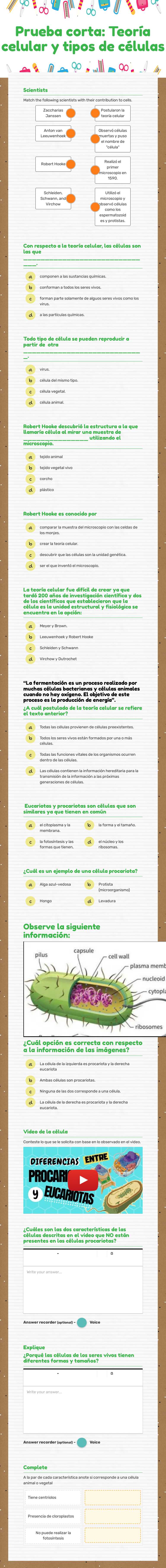 Prueba corta: Teoría celular y tipos de células worksheet preview image