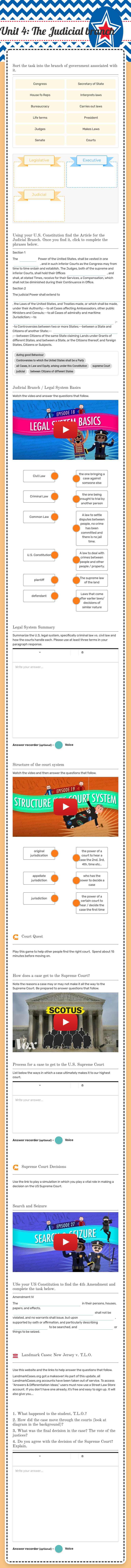 Unit 4: The Judicial branch worksheet preview image
