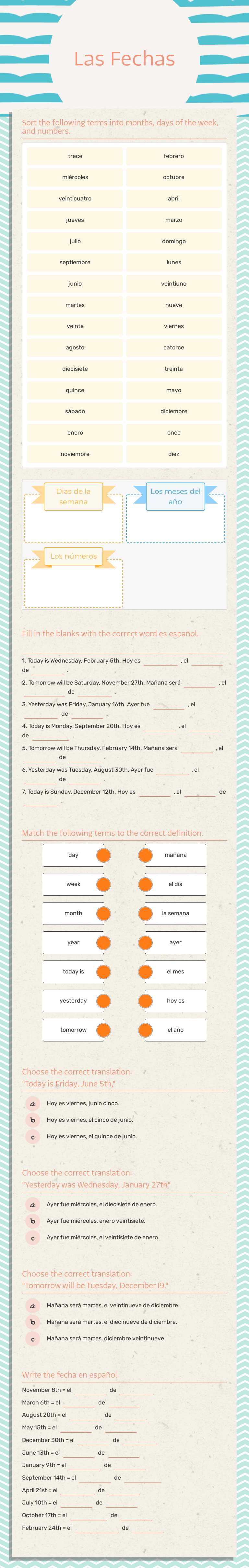 Las Fechas Grade 8 worksheet preview