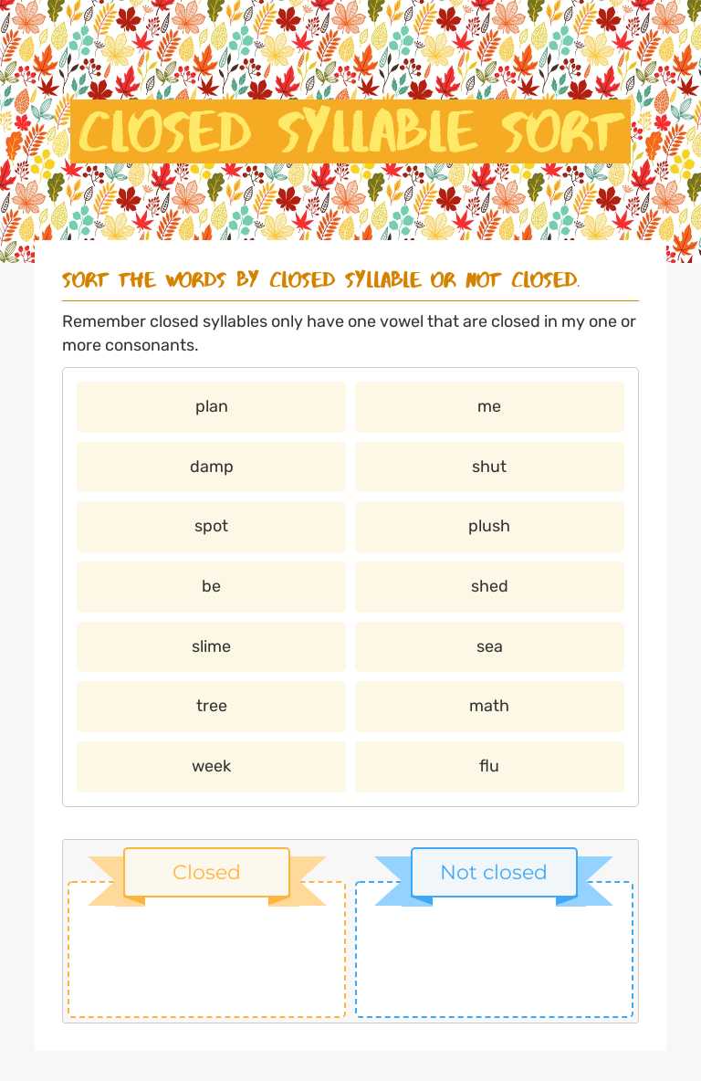 Closed syllable Sort worksheet preview image
