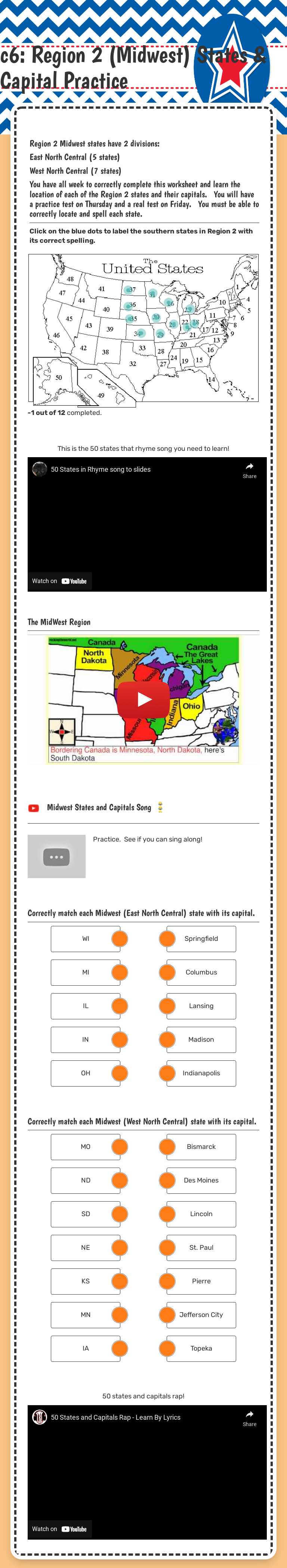 c6: Region 2 (Midwest) States & Capital Practice worksheet preview image