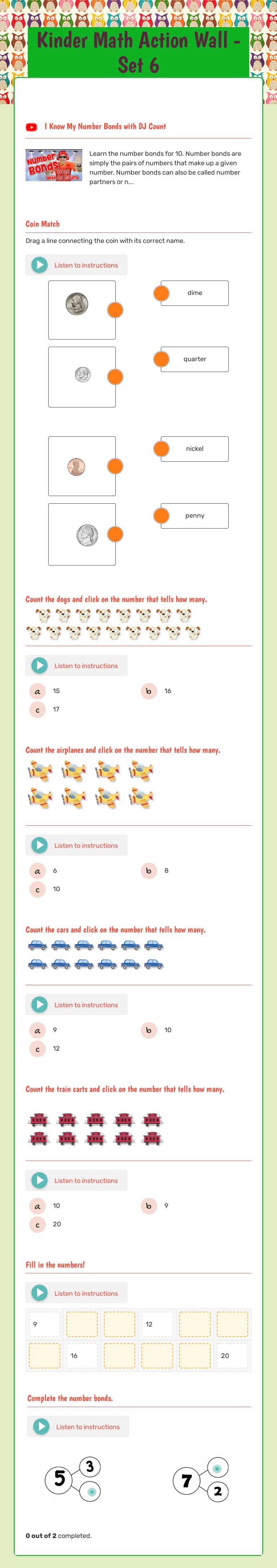 Kinder Math Action Wall  - Set 6 worksheet preview image