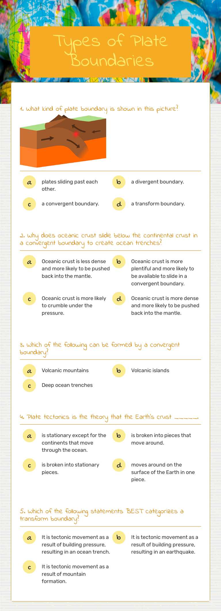 Types of Plate Boundaries worksheet preview image