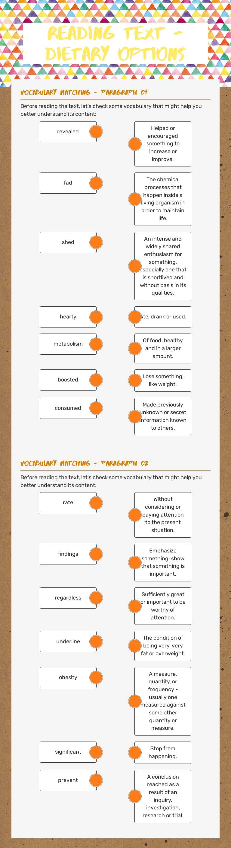 Reading text - dietary options worksheet preview image