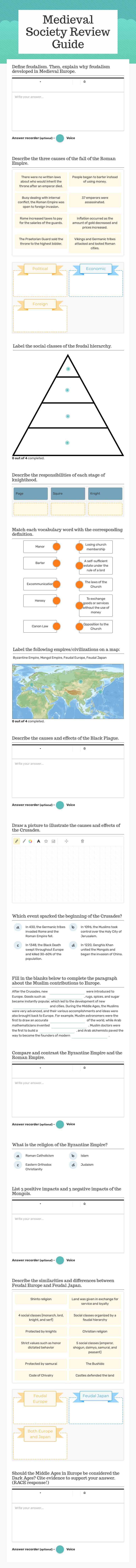 Medieval Society Review Guide Grade 7 worksheet preview