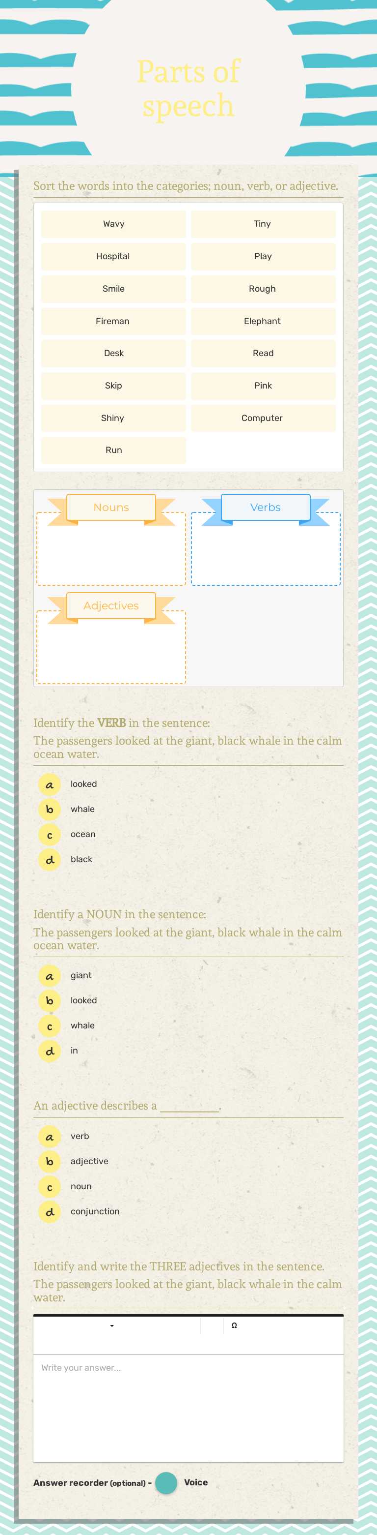 Parts of speech worksheet preview image
