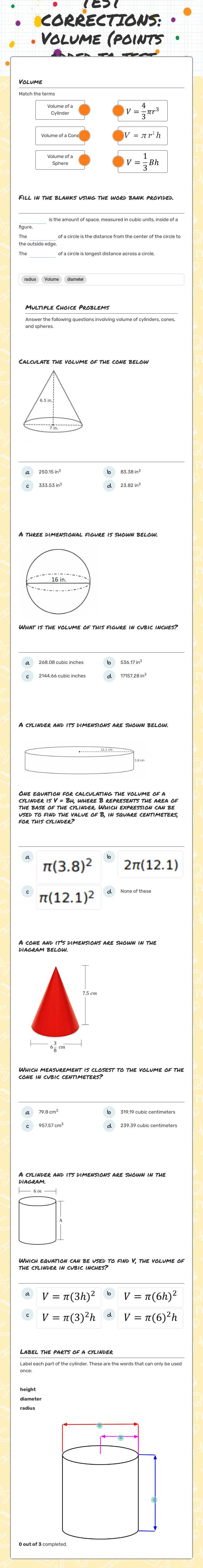 TEST CORRECTIONS: Volume (points added to test grade) worksheet preview image