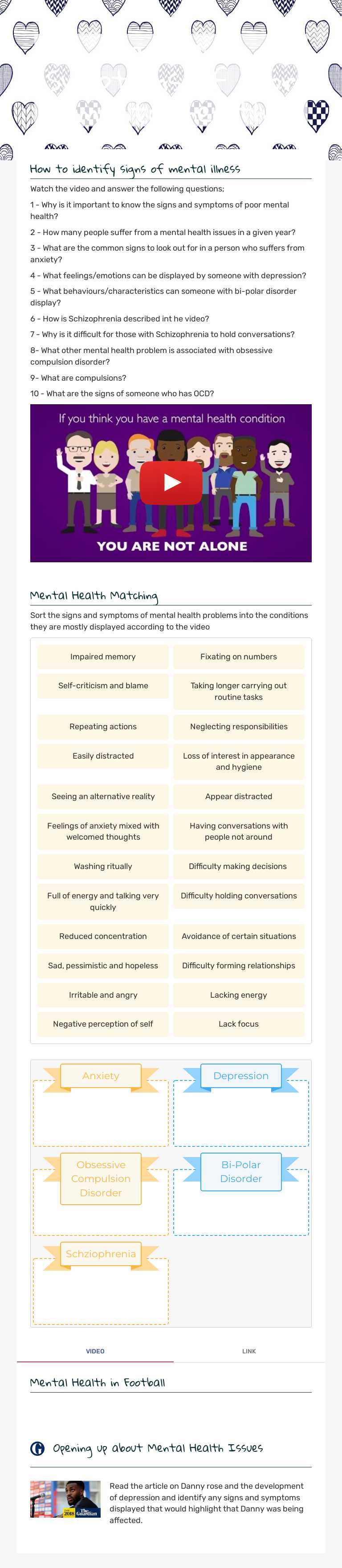 Signs and Symptoms of Poor mental health worksheet preview image