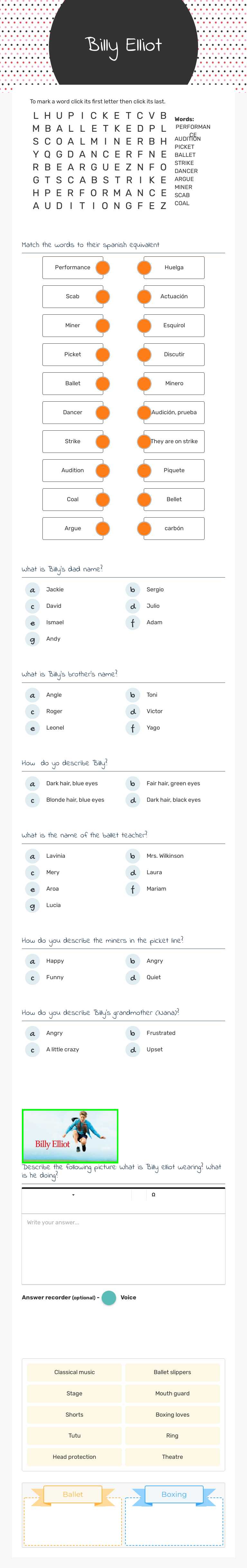 Billy Elliot worksheet preview image