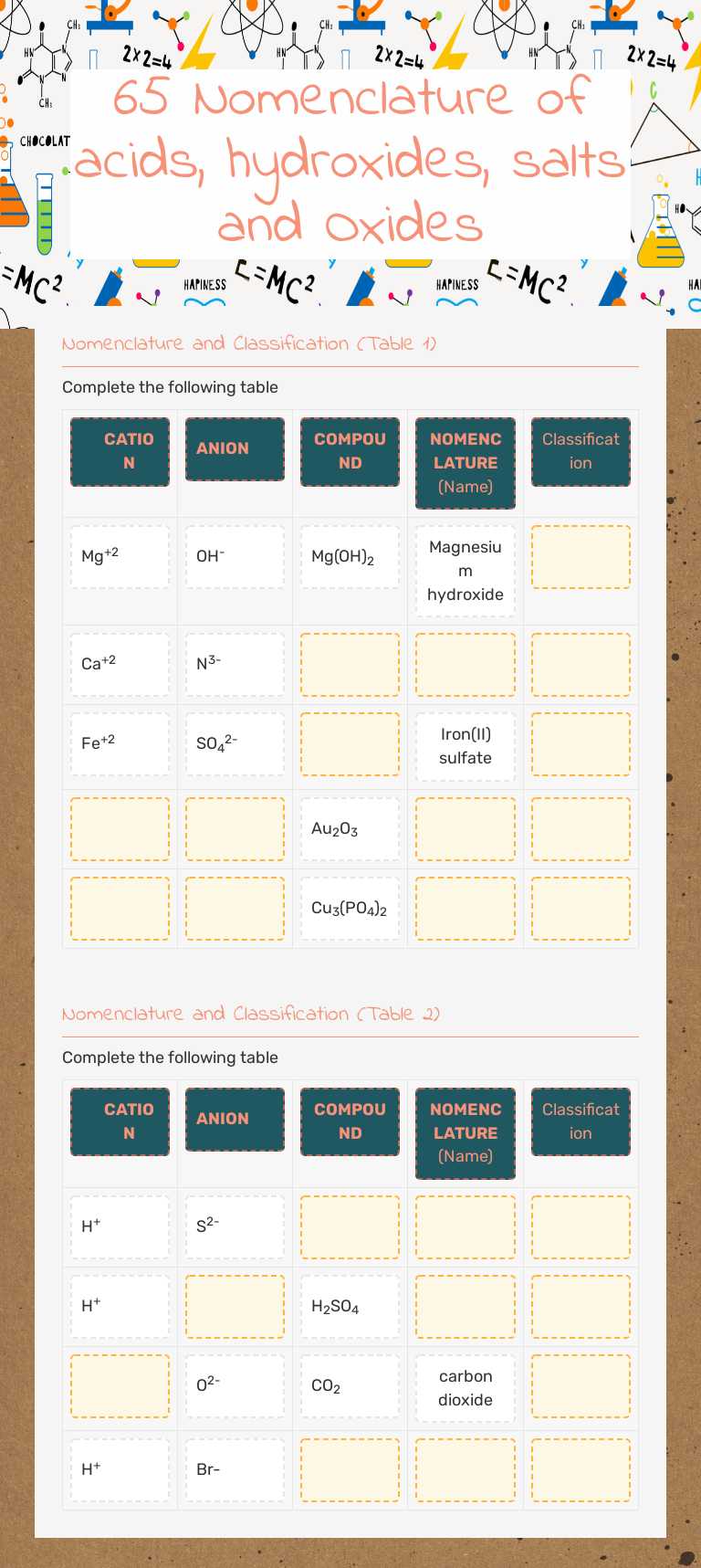 65   
  Nomenclature of acids, hydroxides, salts and Oxides worksheet preview image