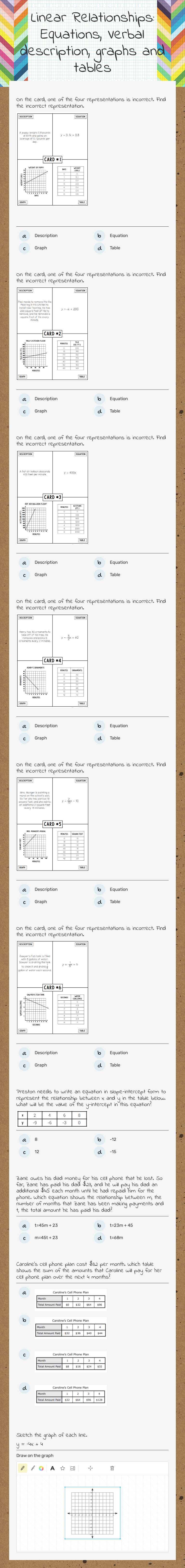 Linear Relationships: Equations, Verbal description, graphs and tables worksheet preview image