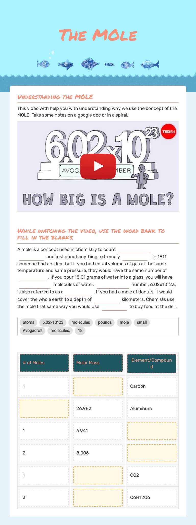 The MOle Grade 10 worksheet preview