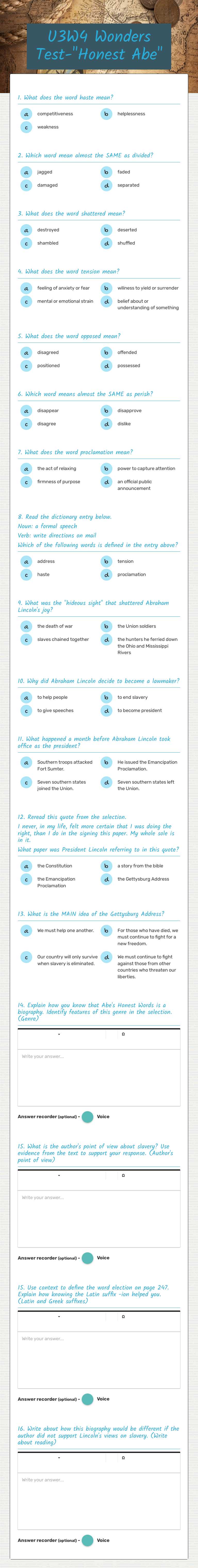 U3W4 Wonders Test-"Honest Abe" worksheet preview image