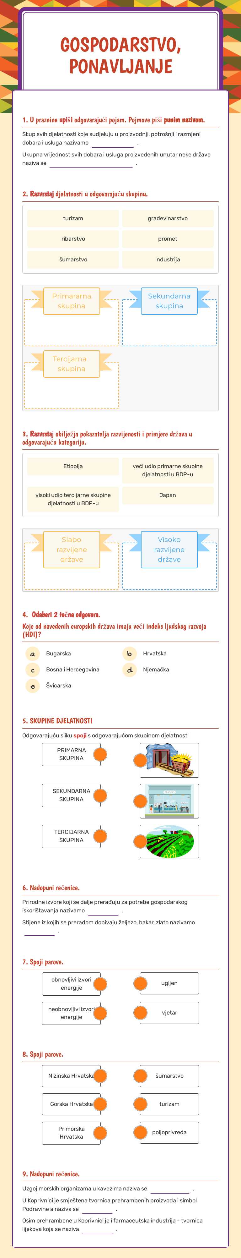 Gospodarstvo, ponavljanje worksheet preview image
