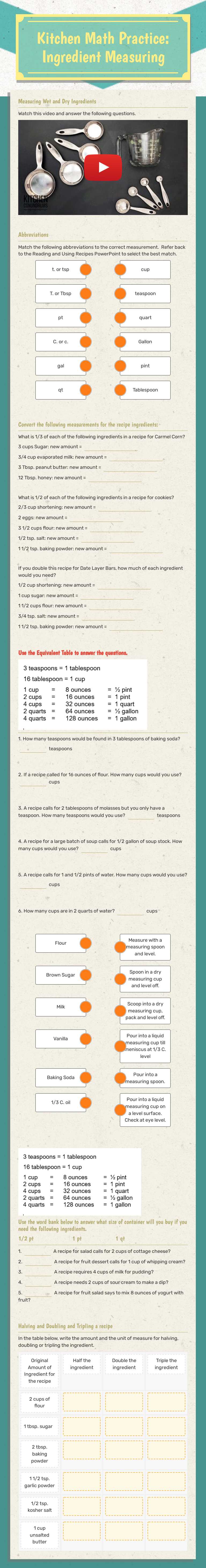 Kitchen Math Practice: 
Ingredient Measuring worksheet preview image