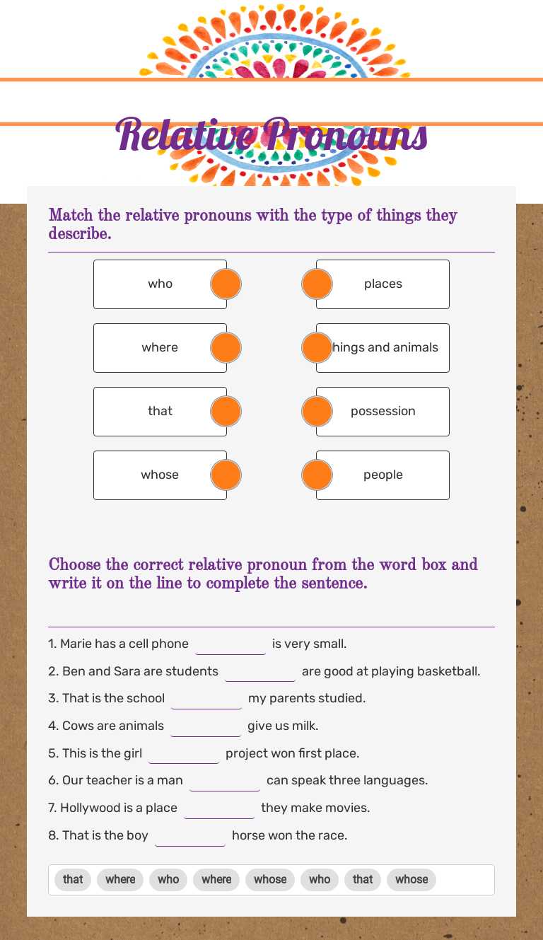 Relative Pronouns worksheet preview image