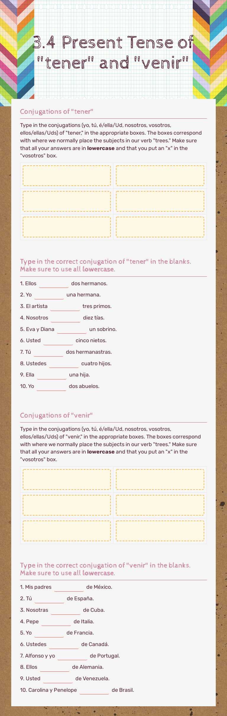 3.4 Present Tense of "tener" and "venir" worksheet preview image