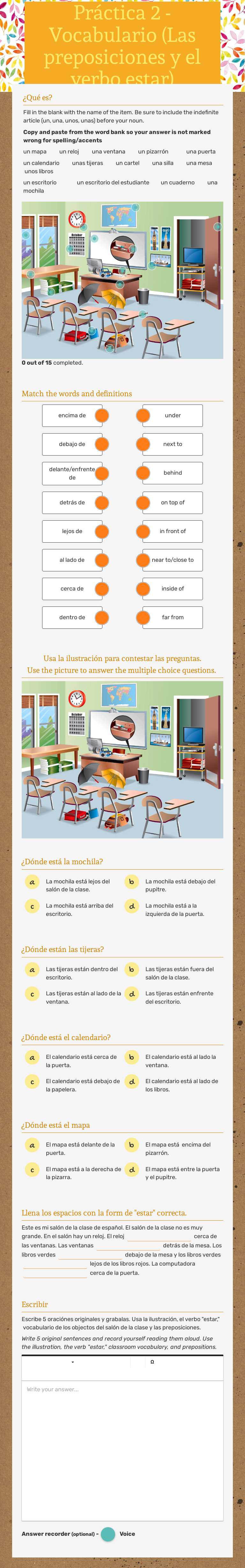 Práctica 2 -Vocabulario (Las preposiciones y el verbo estar) Grade 10 worksheet preview