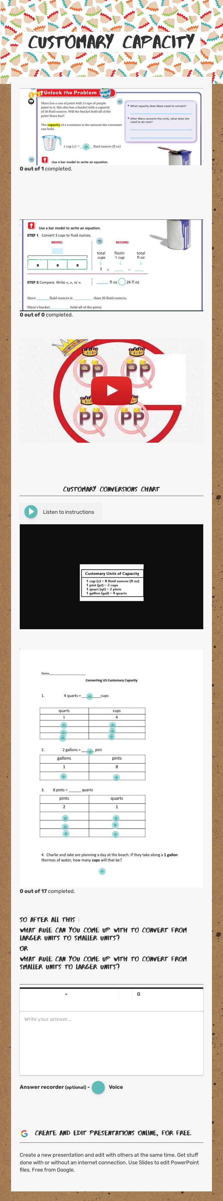 Customary Capacity worksheet preview image