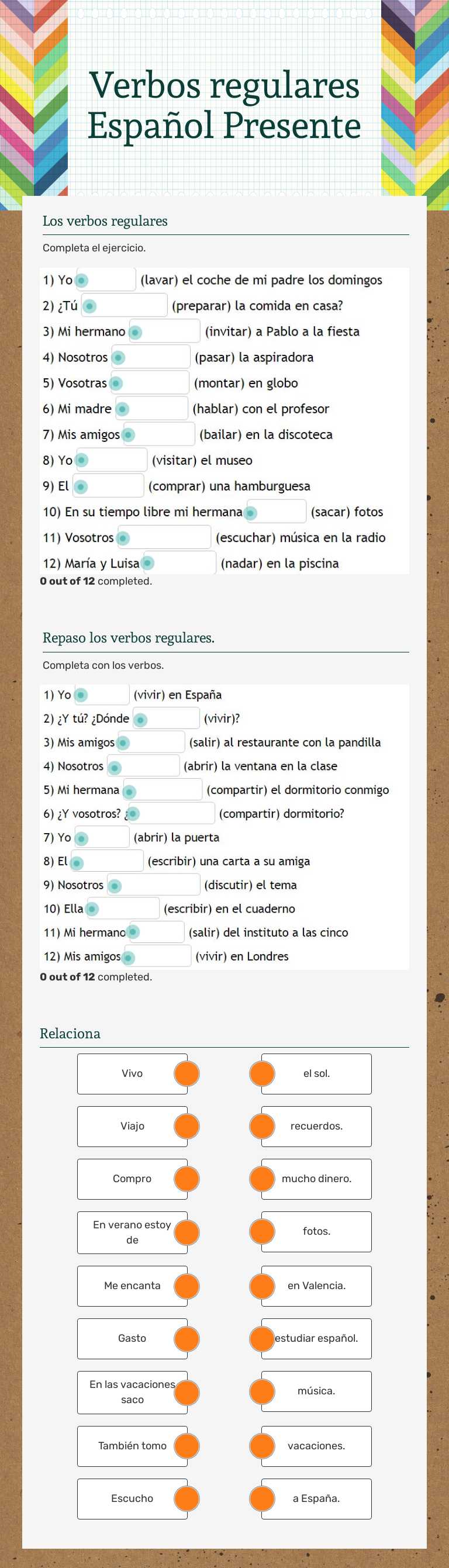 Verbos regulares Español Presente worksheet preview image