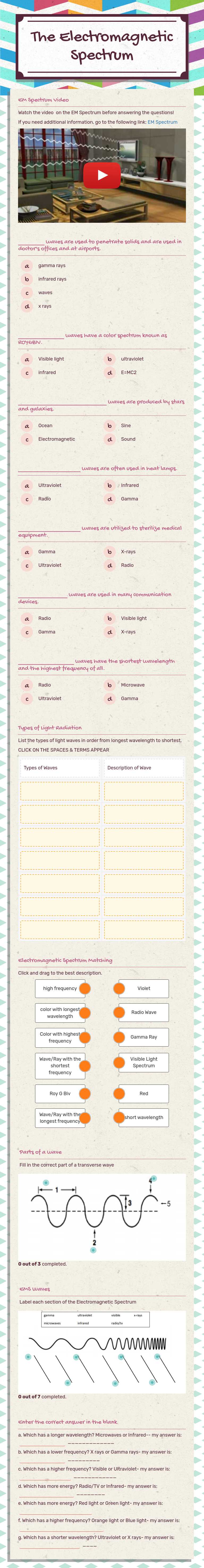 The Electromagnetic Spectrum worksheet preview image