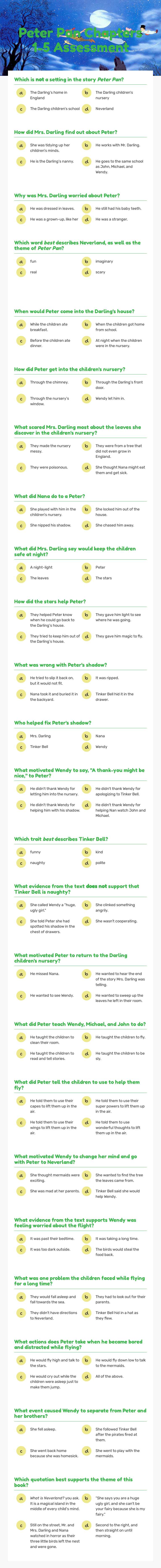Peter Pan Chapters 1-5 Assessment worksheet preview image