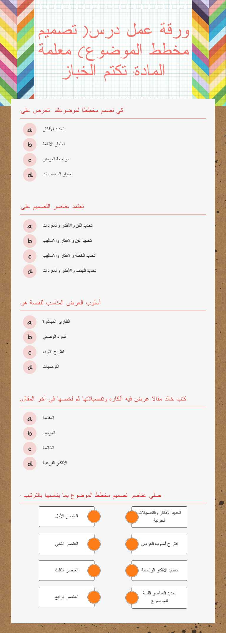 ورقة عمل درس( تصميم مخطط الموضوع)         معلمة المادة: تكتم الخباز worksheet preview image
