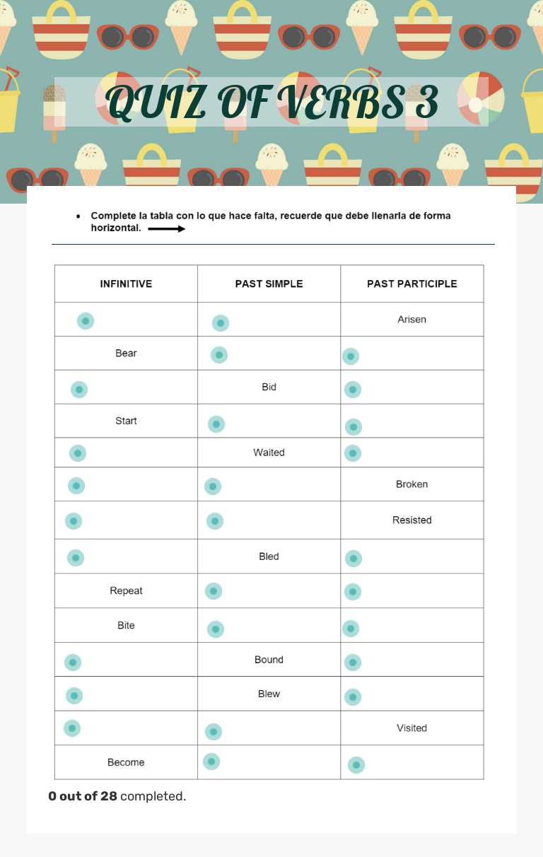 QUIZ OF VERBS 3 worksheet preview image