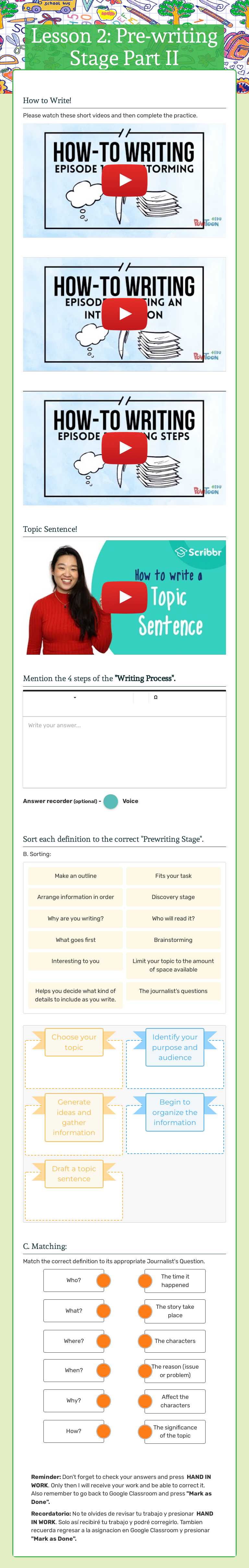 Lesson 2:  
Pre-writing Stage Part II worksheet preview image