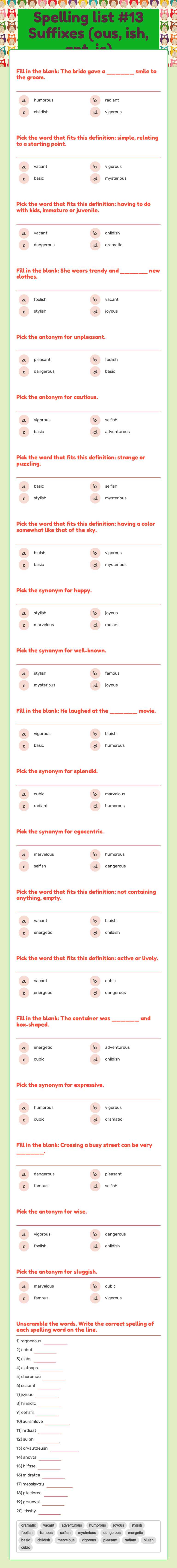 Spelling list #13 Suffixes (ous, ish, ant, ic) worksheet preview image