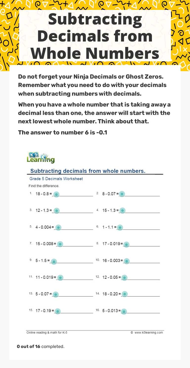 Subtracting Decimals from Whole Numbers worksheet preview image