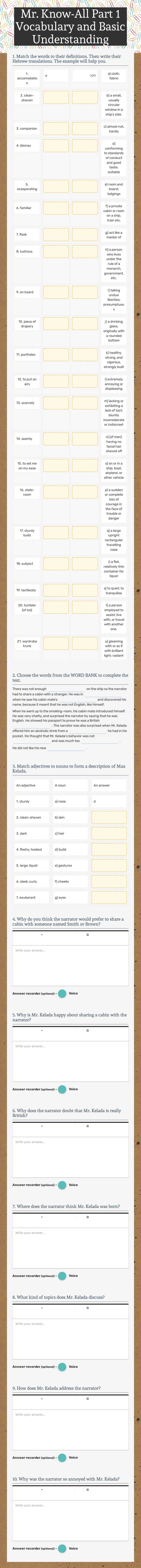Mr. Know-All Part 1     Vocabulary and Basic Understanding Grade 10 worksheet preview