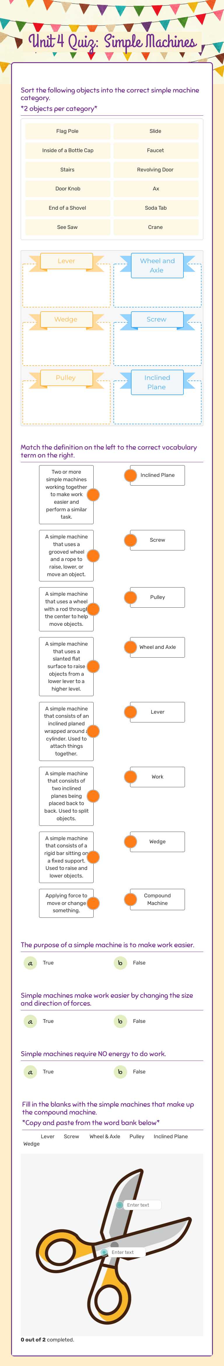 Unit 4 Quiz: Simple Machines Grade 7 worksheet preview