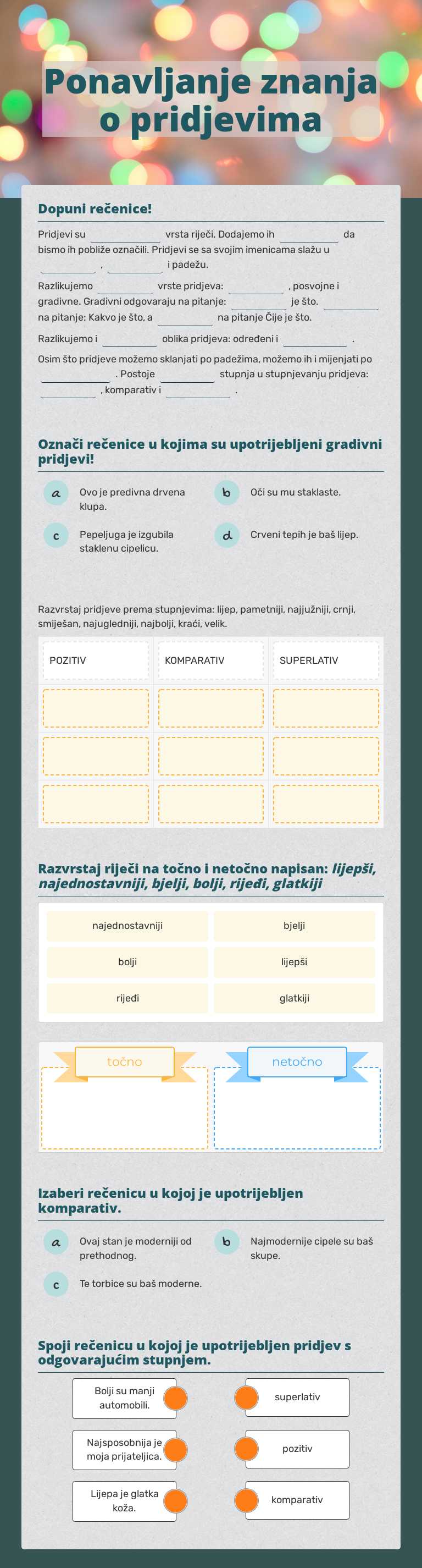 Ponavljanje znanja o pridjevima worksheet preview image