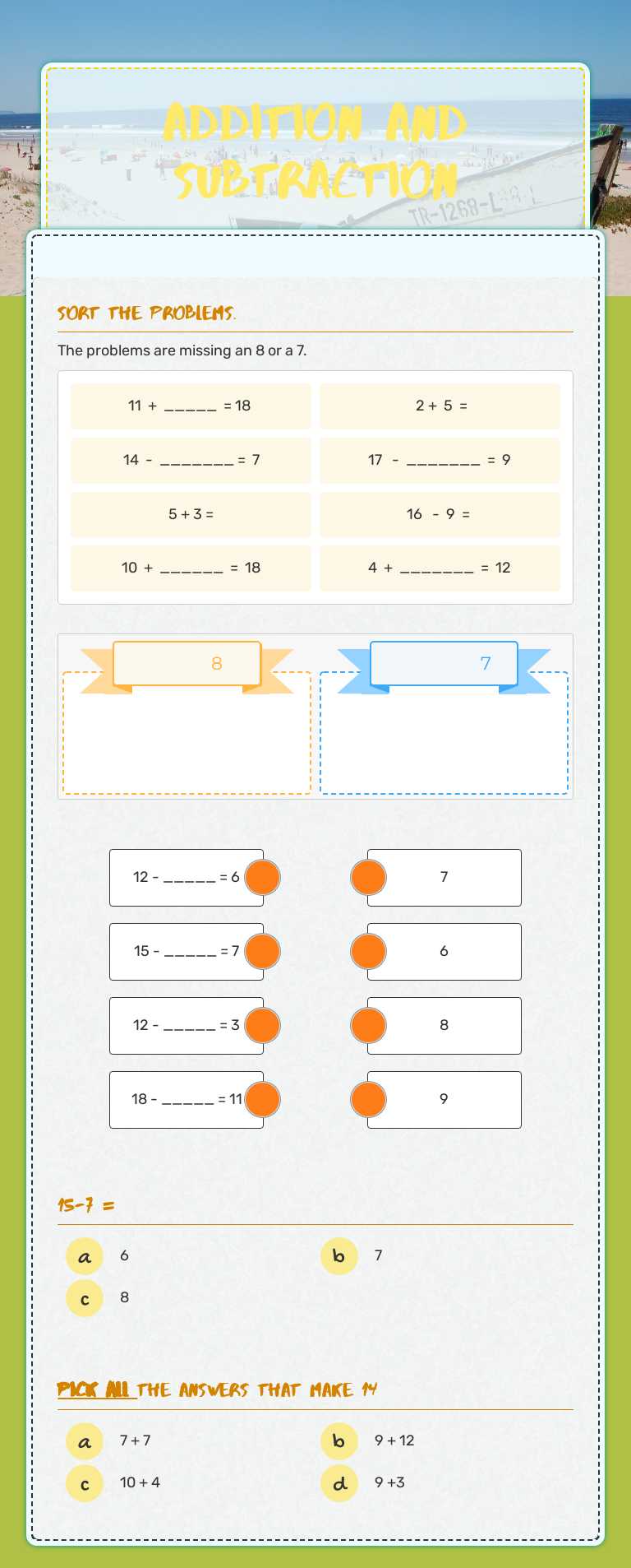 Addition and Subtraction Grade 1 worksheet preview