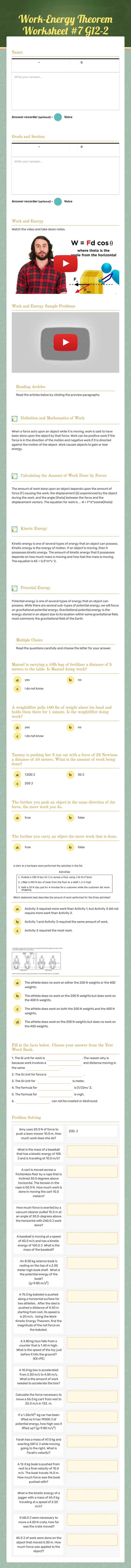 Work-Energy Theorem Worksheet #7 G12-2 worksheet preview image