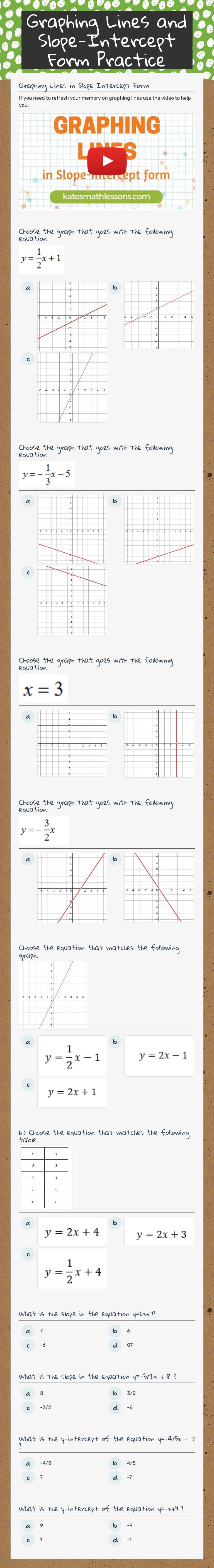 Graphing Lines and Slope-Intercept Form Practice Grade 9 worksheet preview